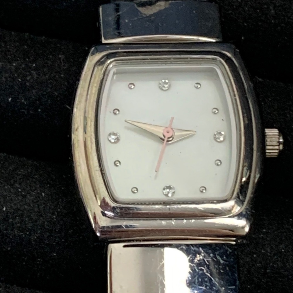 Mary Kay Womens Watch Silver Tonneau Case White Dial Crystal Markers Black Strap
